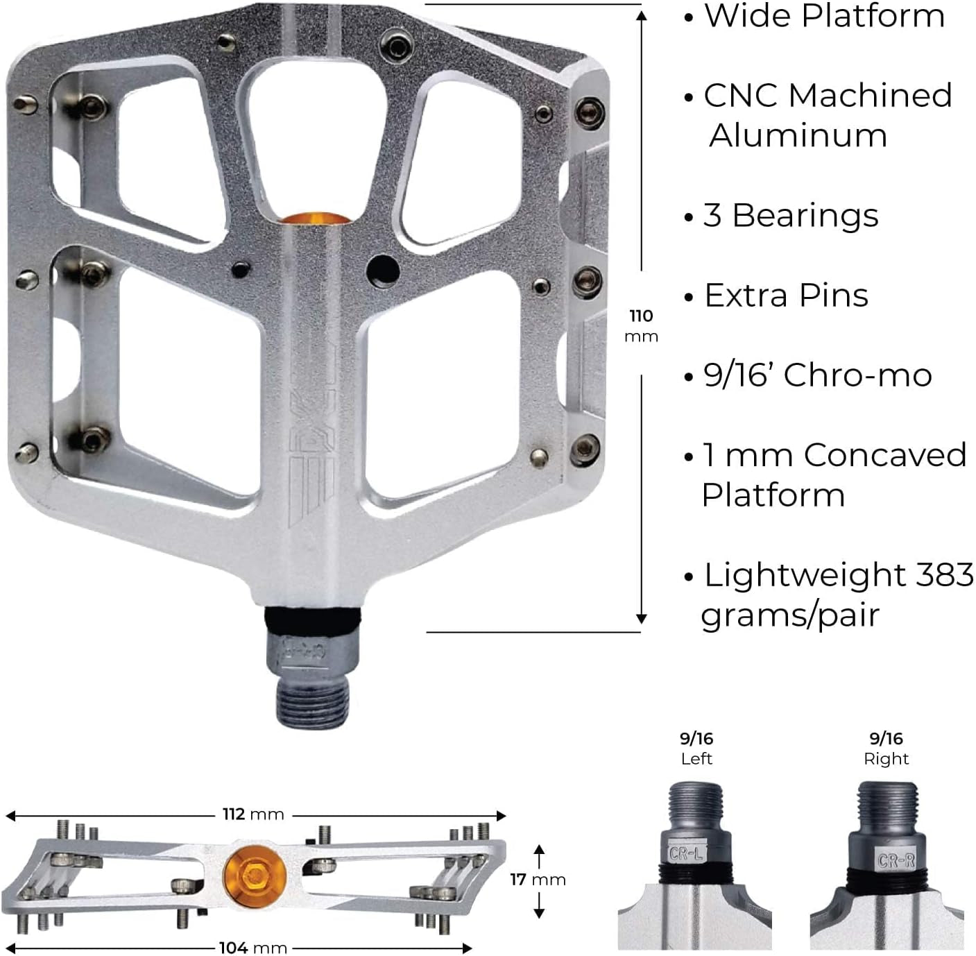 PDX A8 Mountain Bike Pedals, MTB Bike Pedals, Bicycle Pedals, MTB Pedals, CONCAVE Platform Anti-Slip Lightweight Aluminum Wide Platform 16 PINS